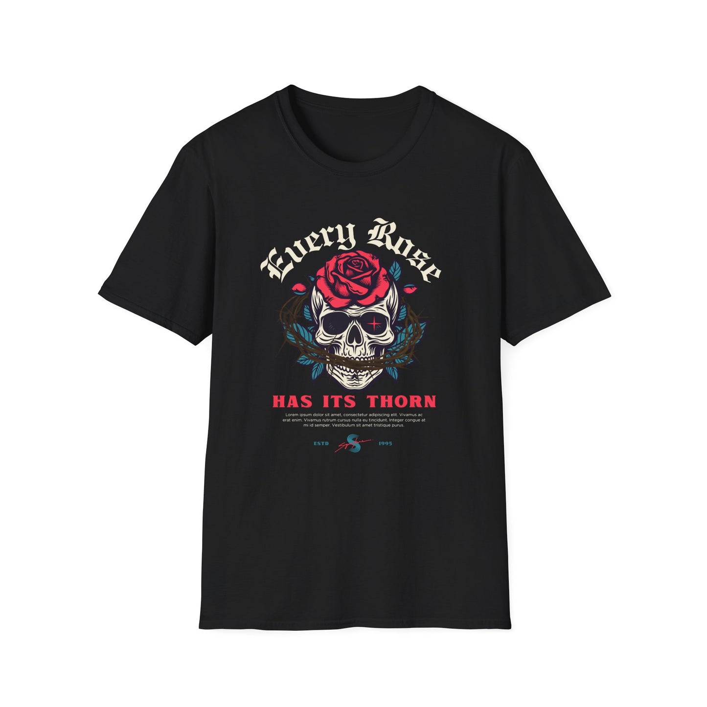 Skull & Rose T-Shirt — "Every Rose Has Its Thorn" Gothic Rock Tee