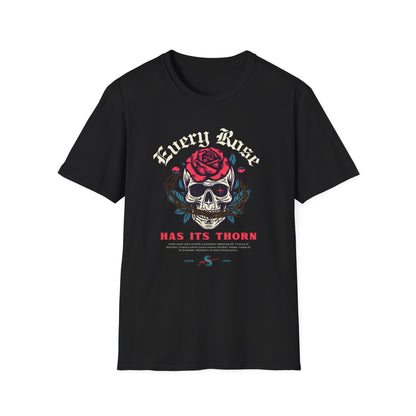 Skull & Rose T-Shirt — "Every Rose Has Its Thorn" Gothic Rock Tee