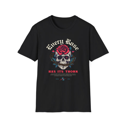 Skull & Rose T-Shirt — "Every Rose Has Its Thorn" Gothic Rock Tee