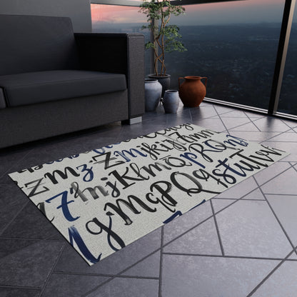Alphabet Script Outdoor Rug — Nautical Blue Calligraphy Patio Mat