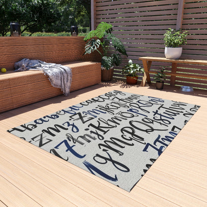 Alphabet Script Outdoor Rug — Nautical Blue Calligraphy Patio Mat