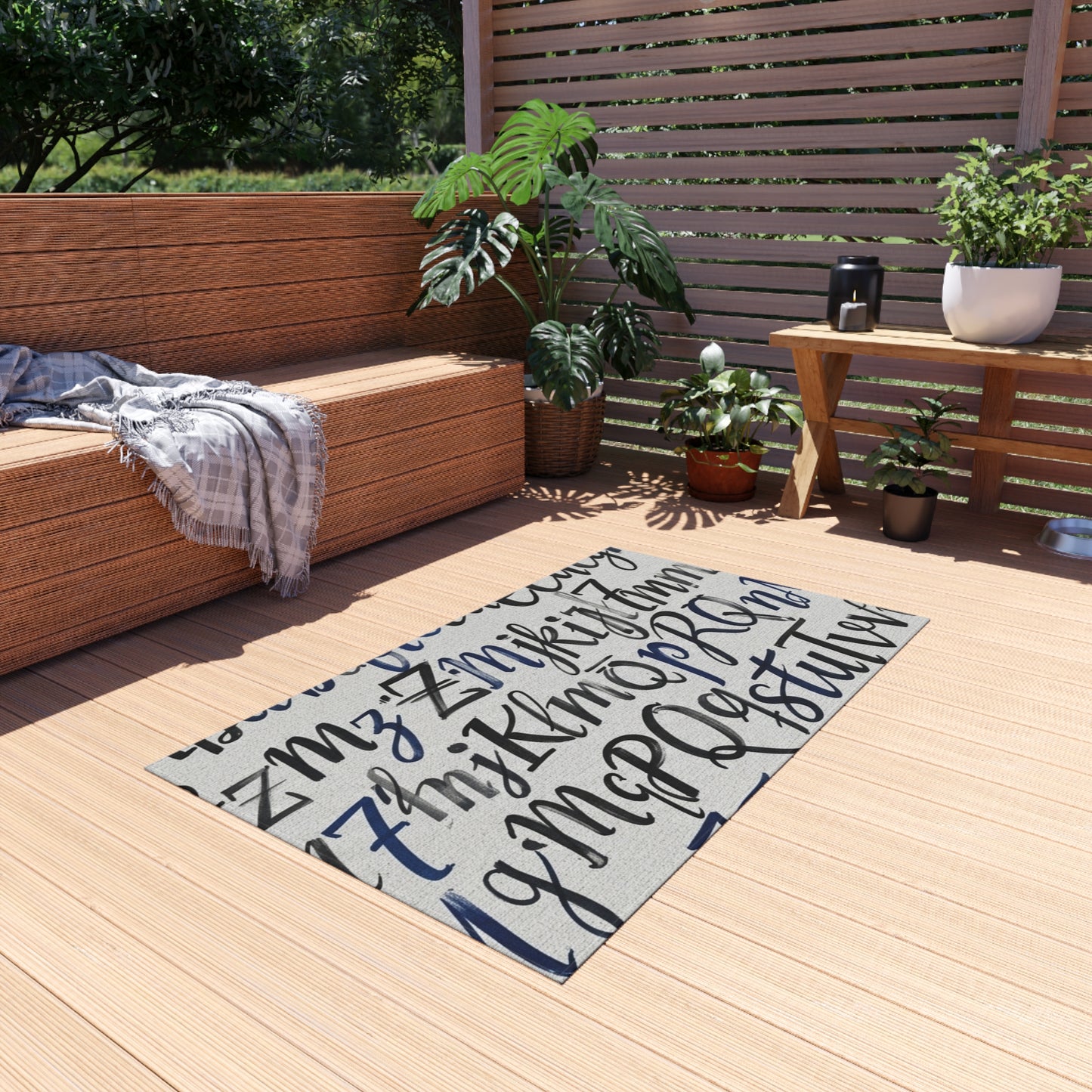 Alphabet Script Outdoor Rug — Nautical Blue Calligraphy Patio Mat