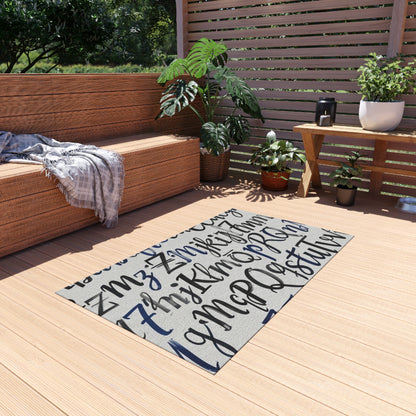 Alphabet Script Outdoor Rug — Nautical Blue Calligraphy Patio Mat