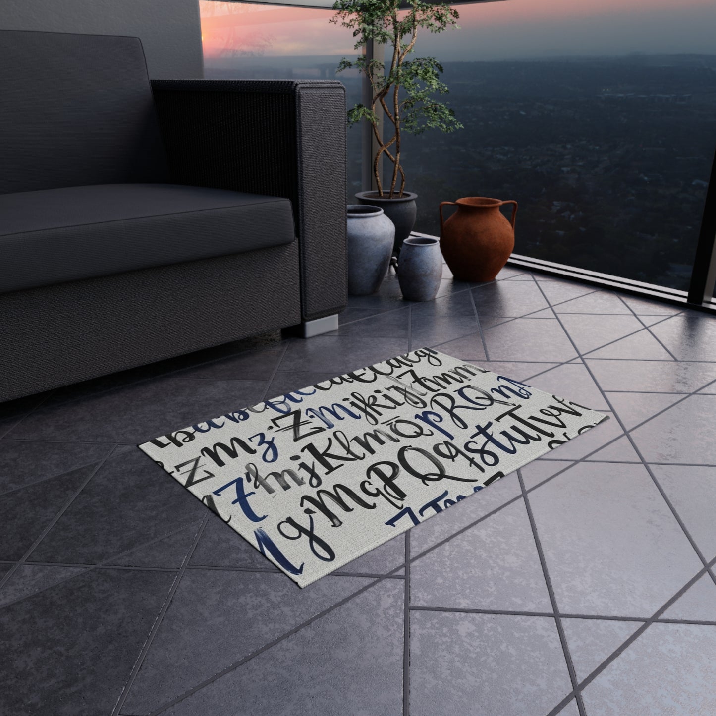Alphabet Script Outdoor Rug — Nautical Blue Calligraphy Patio Mat