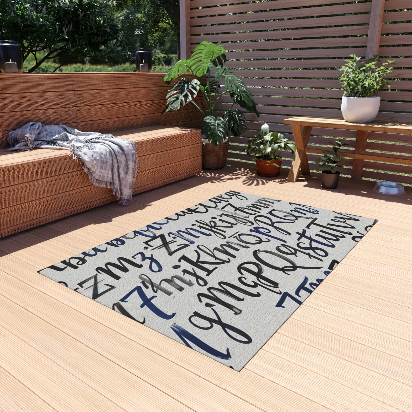 Alphabet Script Outdoor Rug — Nautical Blue Calligraphy Patio Mat