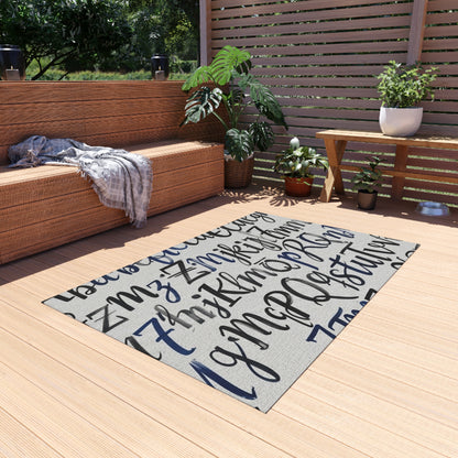 Alphabet Script Outdoor Rug — Nautical Blue Calligraphy Patio Mat