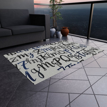 Alphabet Script Outdoor Rug — Nautical Blue Calligraphy Patio Mat